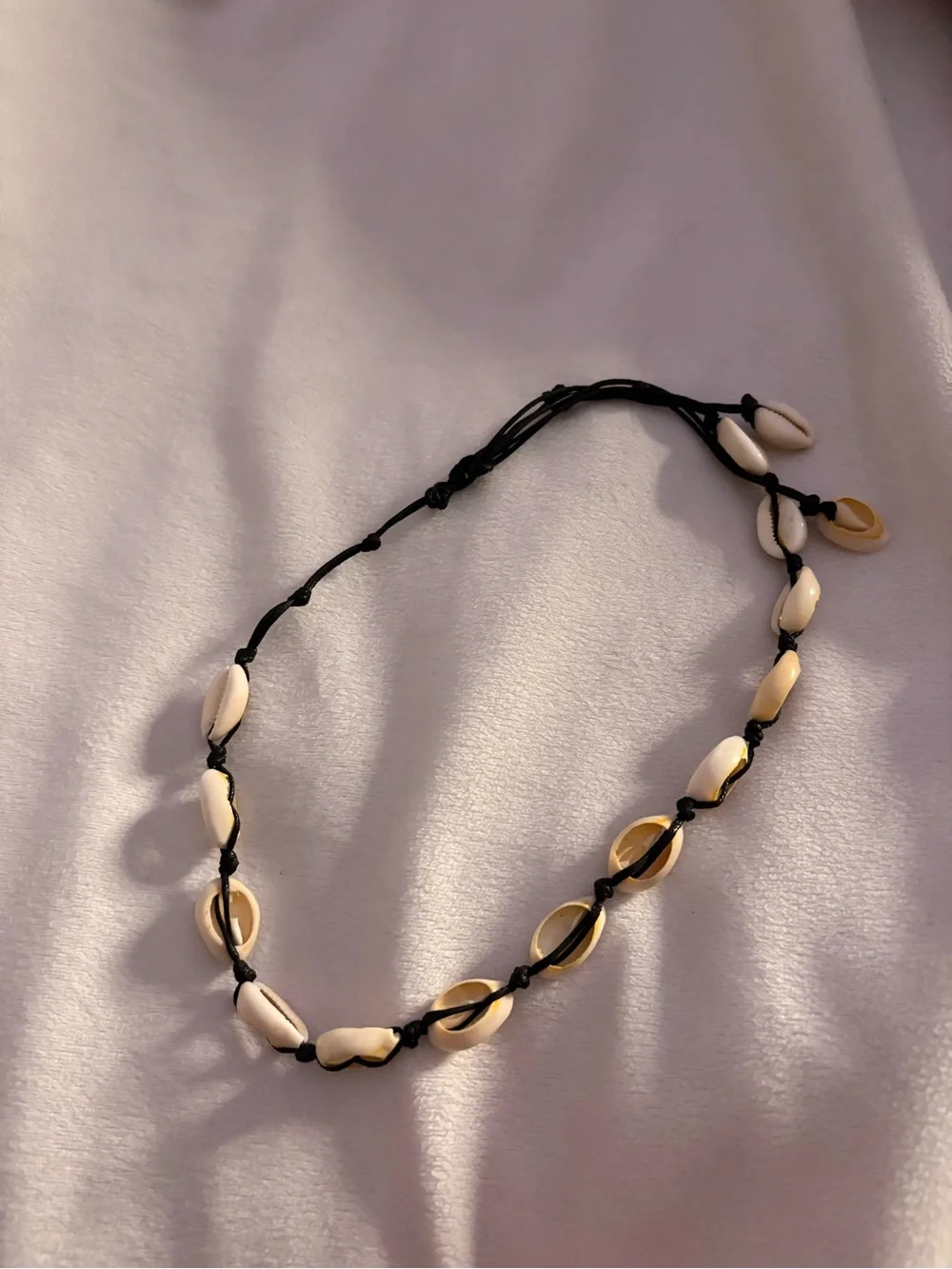 Shell Bead Choker Necklace - Black Cord with Cream Shells